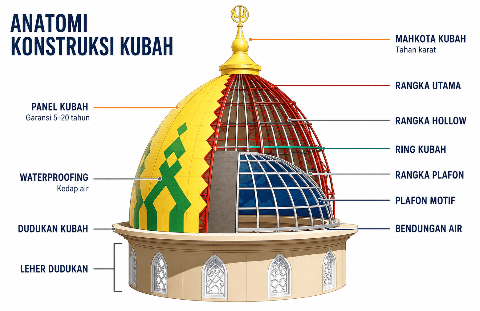 Anatomi konstruksi kubah masjid lengkap dengan rangka, panel, plafon, dan dudukan