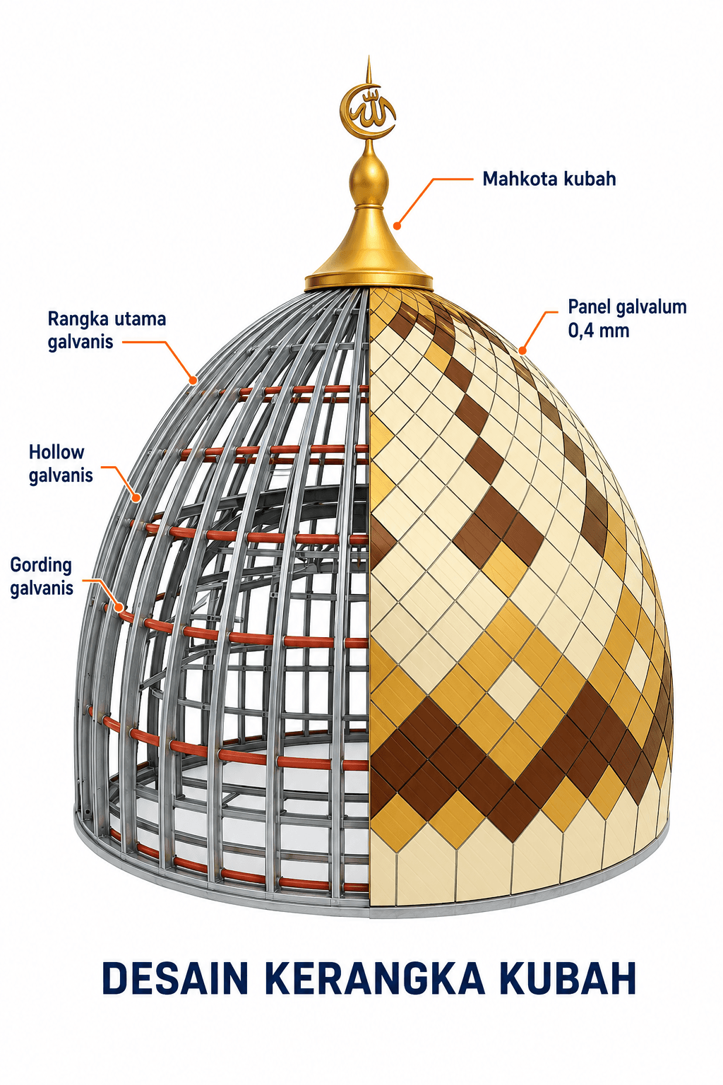 Desain rangka kubah masjid dengan rangka utama, hollow, gording, dan panel