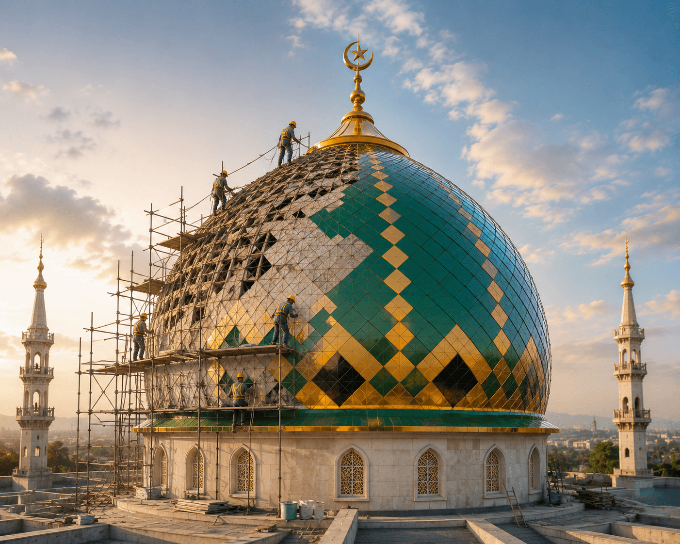 Proses pemasangan kubah di atas masjid