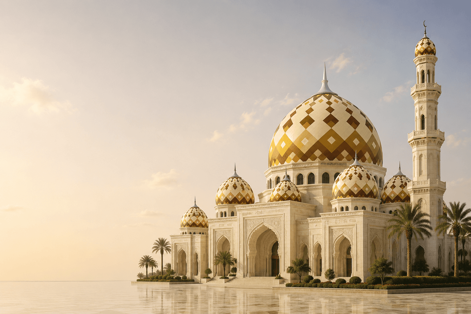 Masjid dengan kubah premium saat golden hour
